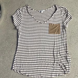 Moa Moa Tan and Black Stripped Tee with Pocket. Size Small.